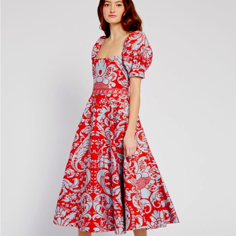 Alice + Olivia Freida Puff Sleeve Flare Midi Dress Teal and Red Size 6